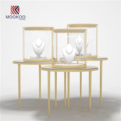 Yuqori sifatli dumaloq poydevorli stendli vitrin chakana shisha vitrinasi LED yorug'likli moda soatlari vitrinasi metall materiali